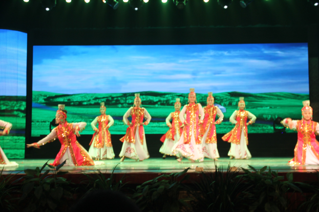 Eine Gruppe von Performern in bunten Kostümen auf einer Bühne mit Scheinwerfern von oben und Pflanzen unten, mit einem Bildschirm im Hintergrund.