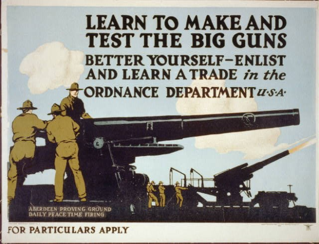Plakat, das zur Einberufung in die Artillerieabteilung aufruft, um das Herstellen und Testen von Artillerie zu lernen, mit mehreren Personen, die Gewehre halten.
