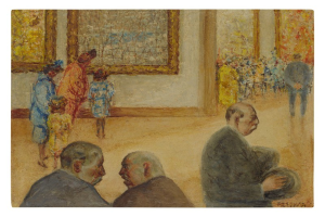 Gemälde mit dem Titel "Die Ausstellung im Museum der Schönen Künste" von Édouard Manet, das formell gekleidete Menschen in einem Raum mit Wänden zeigt, die mit verschiedenen Kunstwerken in gedämpften, erdigen Tönen geschmückt sind.