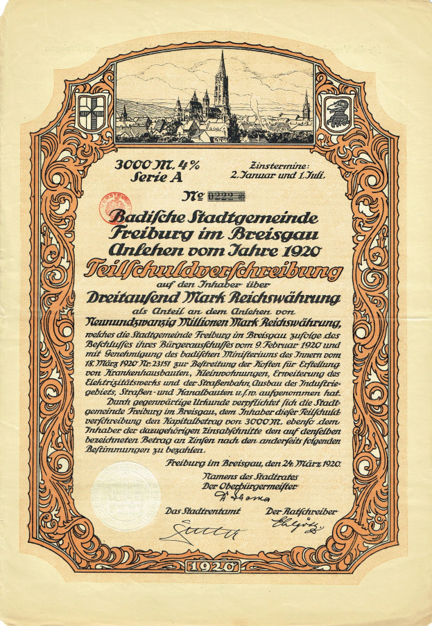 Altes deutsches Aktienzertifikat mit einer Stadtillustration und gedrucktem Text.