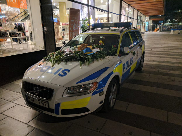 Ein mit Blumen und Blättern geschmückter Polizeiwagen steht vor einem Geschäft mit Glaswänden in der Nacht, mit Schaufensterpuppen in Kleidern, Texttafeln und anderen Gegenständen im Inneren und Bäumen und Gebäuden im Hintergrund.