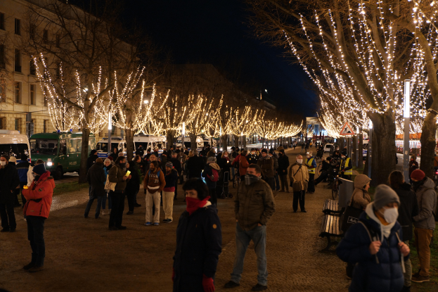Eine Menschenmenge, die eine von Weihnachtslichtern geschmückte Straße mit Bäumen entlanggeht, mit einigen Personen, die Mützen tragen und Taschen tragen, anderen, die auf Bänken sitzen, Fahrzeugen auf der Straße, Gebäuden mit Fenstern im Hintergrund und Schildern mit Pfosten, unter einem dunklen Himmel.