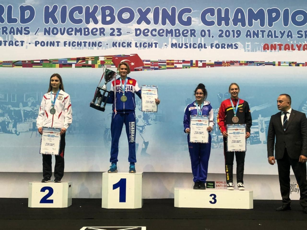 Eine Gruppe von fünf Menschen auf einem Podium, jeder hält einen Pokal und Urkunden, im Hintergrund eine Fahne mit der Aufschrift "World Kickboxing Championship Antalya 2019".