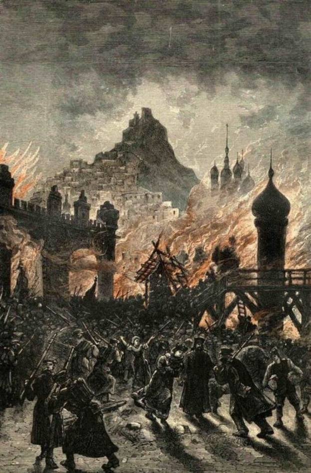 Eine Gruppe von Menschen, die eine Straße entlanggehen, während im Hintergrund ein großes Feuer Gebäude zerstört, mit dem Text unten: "Die Verbrennung der Kirche des Heiligen Grabes."