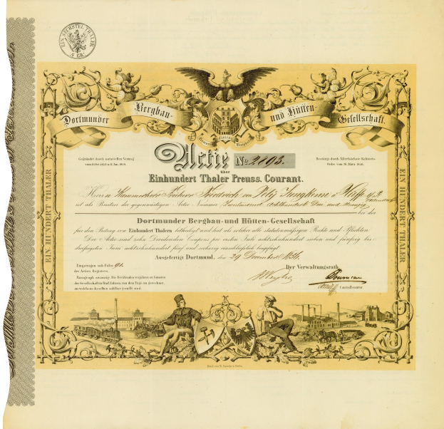 Altes Aktienzertifikat mit Porträts von Mann und Frau, dekorativer Text und Bild