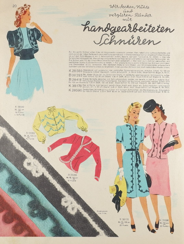 Eine Modewerbung aus den 1950er Jahren mit einer Frau in einem Kleid und Hut, umgeben von Bildern von Frauen und Texten über die Mode der 1950er Jahre.