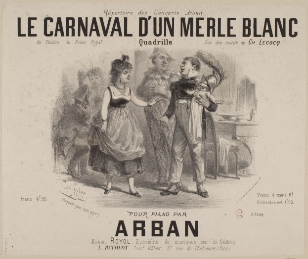 Ein Blatt mit einer Zeichnung eines Mannes und einer Frau in traditioneller Kleidung vor einem festlichen Karneval, mit der Aufschrift "le carnaval d'un merle blanc".