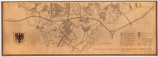 Ein altes topografisches Stadtplan von Köln, Deutschland, auf einem weißen Hintergrund mit einem Logo und Text dargestellt.
