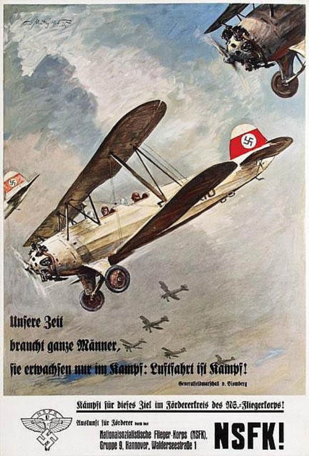 Ein deutscher Propagandaplakat aus dem Zweiten Weltkrieg, das eine Gruppe von Kampfflugzeugen in der Luft zeigt und ihre Fähigkeiten beschreibt.