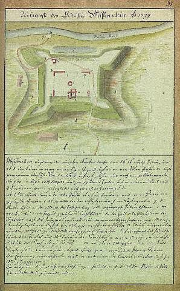 Ein alter Stadtplan von Stuttgart, Deutschland, mit einer Burg in der Mitte und begleitendem Text √ľber die Gr√∂√üe, Lage und weitere Merkmale der Burg.