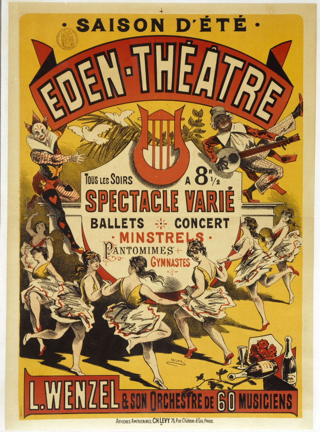 Plakat für das Eden Theatre in Paris mit einer fröhlichen Gruppe von Menschen, die in einem Kreis tanzen, und dem Text "Eden Theatre" in fetter Schrift darüber auf einem hellgelben Hintergrund.