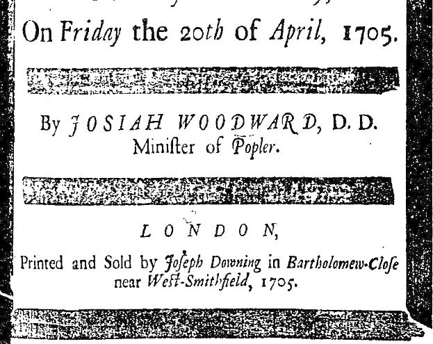 Ein Schwarz-Weiß-Plakat mit dem Text "Am Freitag, den 20. April 1705 von Joshua Woodward, D.D." darauf gedruckt.