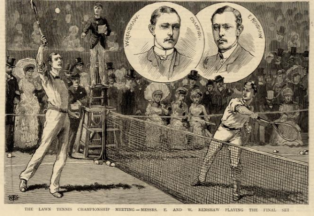 Eine Schwarz-Weiß-Zeichnung von zwei Männern, die auf einem Platz mit Zuschauern im Hintergrund Tennis spielen, und ein Text unten, der "The Lawn Tennis Championship Meeting - Messers, E und W Renshaw spielen das entscheidende Spiel" lautet.