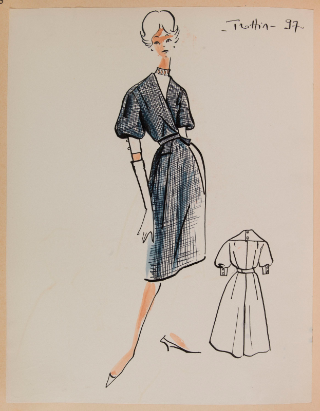 Eine Zeichnung einer Frau in einem Kleid im Stil der 1960er mit Kragen, langen Ärmeln und einemrock, die mit ausgestreckten Armen und leicht geneigtem Kopf steht, mit der Aufschrift "1960er" auf dem Papier.