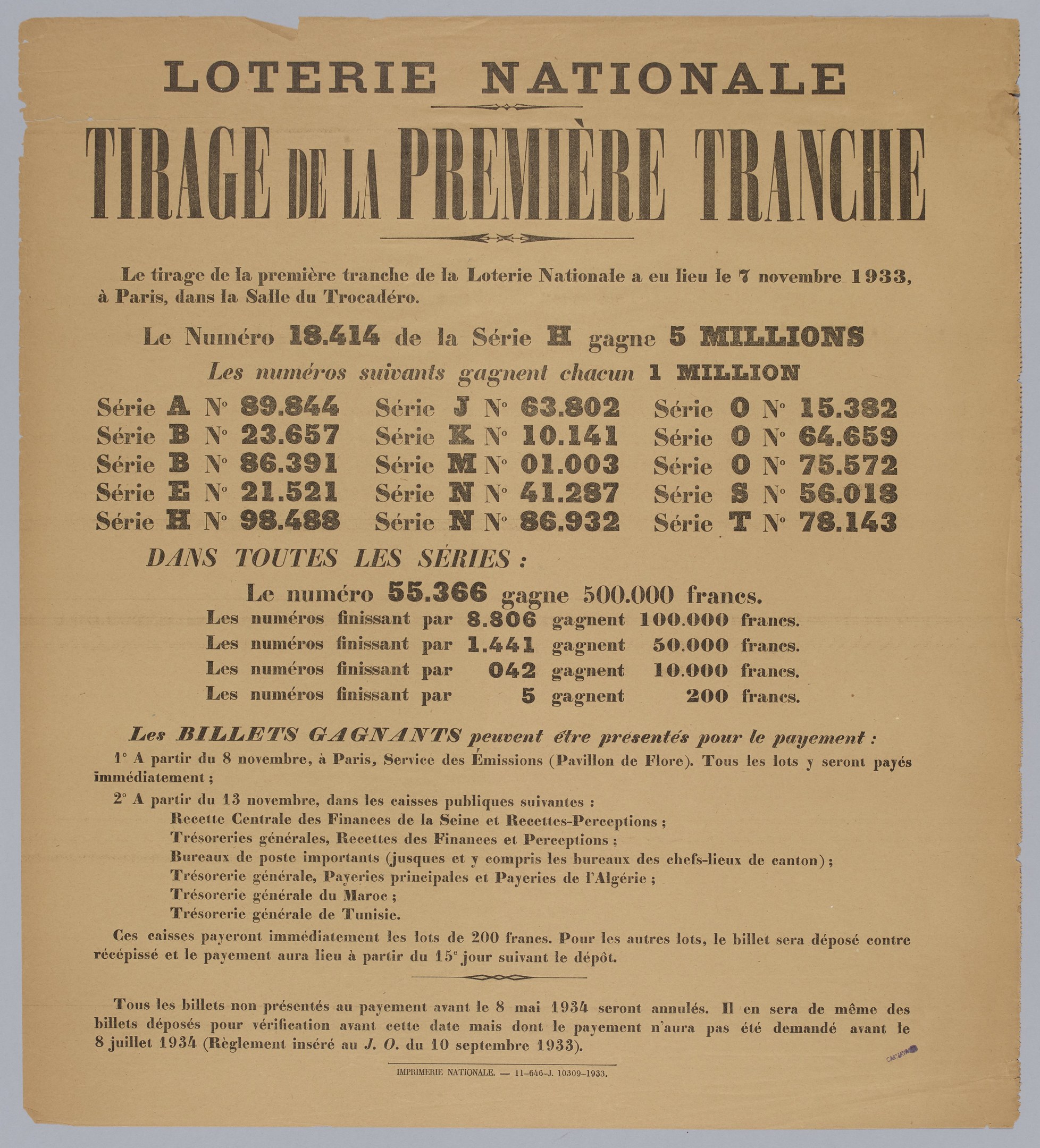 Lotterielos mit der Aufschrift "Loterie Nationale Tirage de la Première Tranche."
