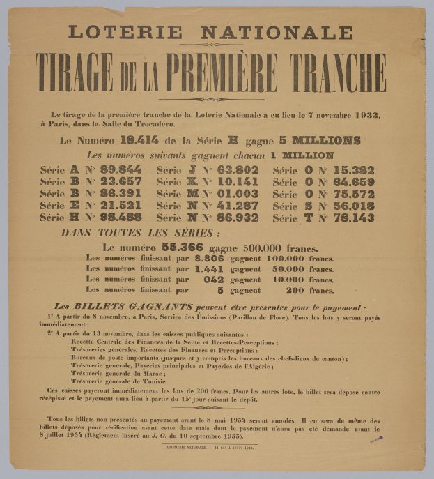 Lotterielos mit der Aufschrift "Loterie Nationale Tirage de la Première Tranche."