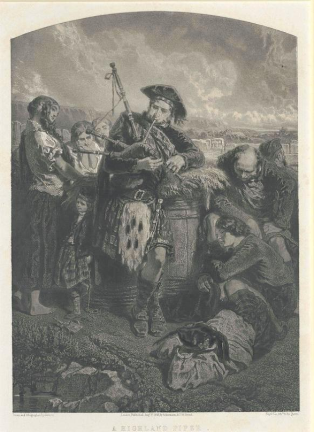 Schwarz-weißes Gravur eines Mannes, der eine Dudelsack vor einer Gruppe von Menschen unter einem bewölkten Himmel spielt, mit dem Text "Ein Highland Pipe" unten.