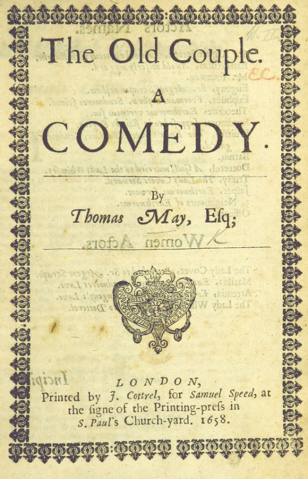 Deckblatt eines alten Buches mit dem Titel 'The Old Couple: A Comedy' mit einem Logo auf dem Cover.