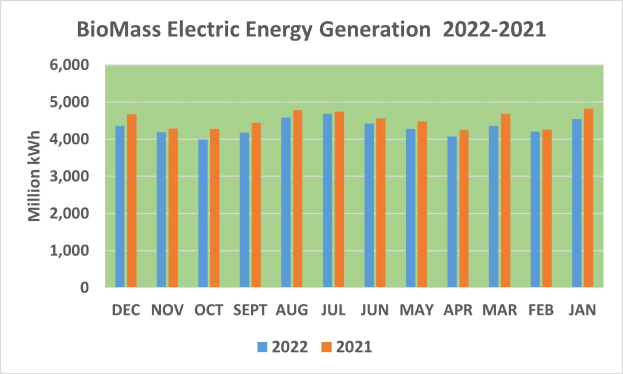 Eine Liniengrafik, die die Trends der elektrischen Energieerzeugung aus Biomasse von 2021 bis 2022 zeigt, mit begleitendem erklärendem Text.