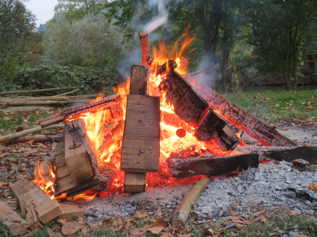 Lagerfeuer in einem bewaldeten Gebiet umgeben von Holzscheiten, Steinen, getrockneten Blättern, Bäumen und einem klaren blauen Himmel.