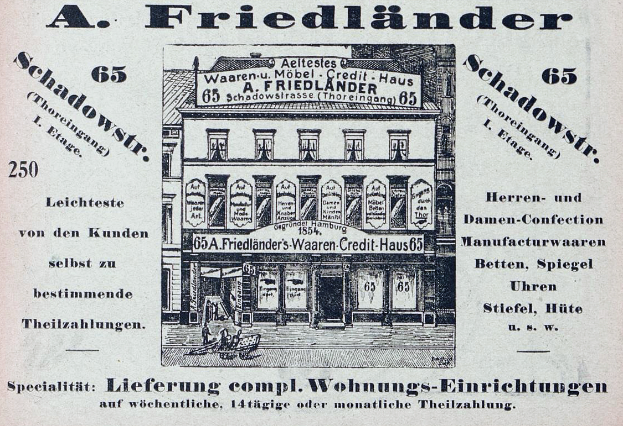 Eine alte Werbung für einen Friedlander-Laden in Deutschland, der ein Gebäude mit Text darauf zeigt.