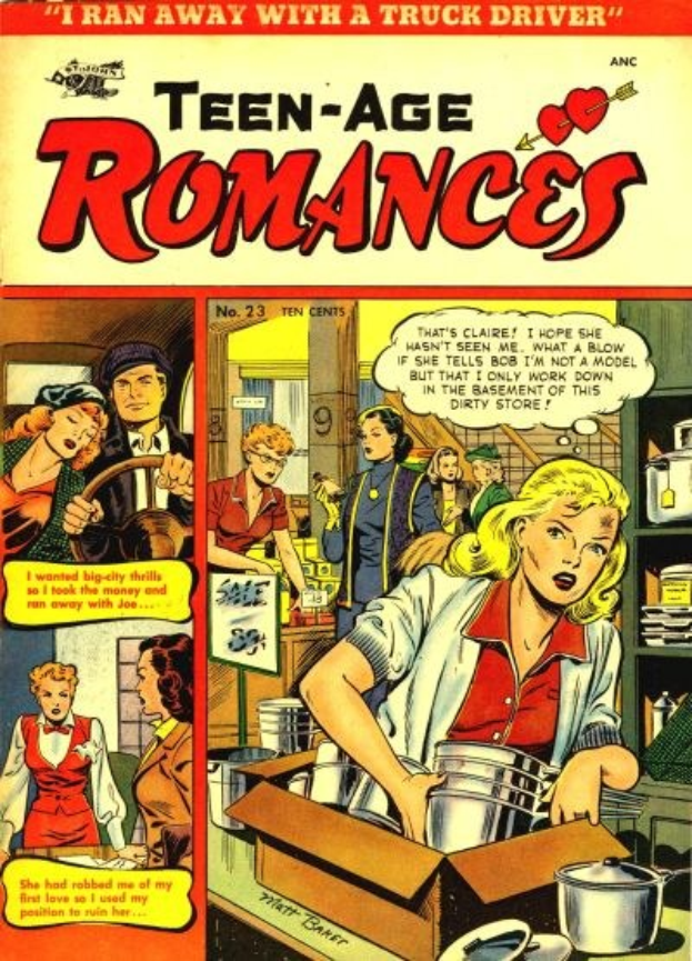 Ein farbenfrohes Plakat mit der Aufschrift "Teen-Age Romances 23-A by DC", das eine Gruppe von Menschen in einer romantischen Umarmung zeigt.