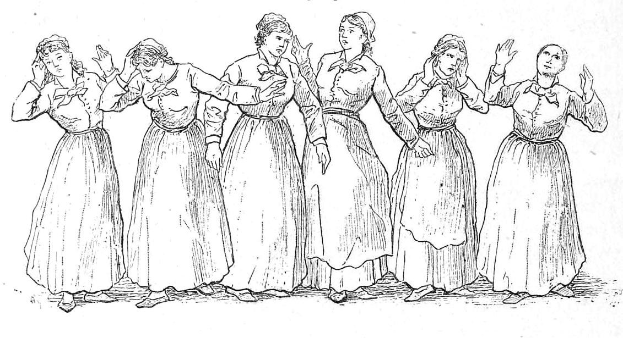 Schwarze und weiße Illustration von Frauen in gemusterten, wallenden Kleidern, die in einer Reihe stehen, mit 'Frauenwahlrecht' oben und Text unten.