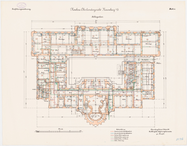 Ein detaillierter Grundrissplan des Neuhaus Oberlandgereich-Gebäudes in Hamburg, Deutschland, der mehrere Räume, Flure, Fenster, Türen und andere Merkmale zeigt.