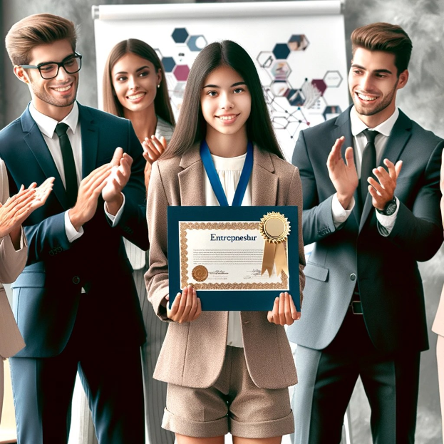 Eine Gruppe von Menschen in einem beruflichen Setting klatscht und feiert, während eine Frau in der Mitte eine Urkunde und eine Medaille hält, die unternehmerischen Erfolg anzeigt.