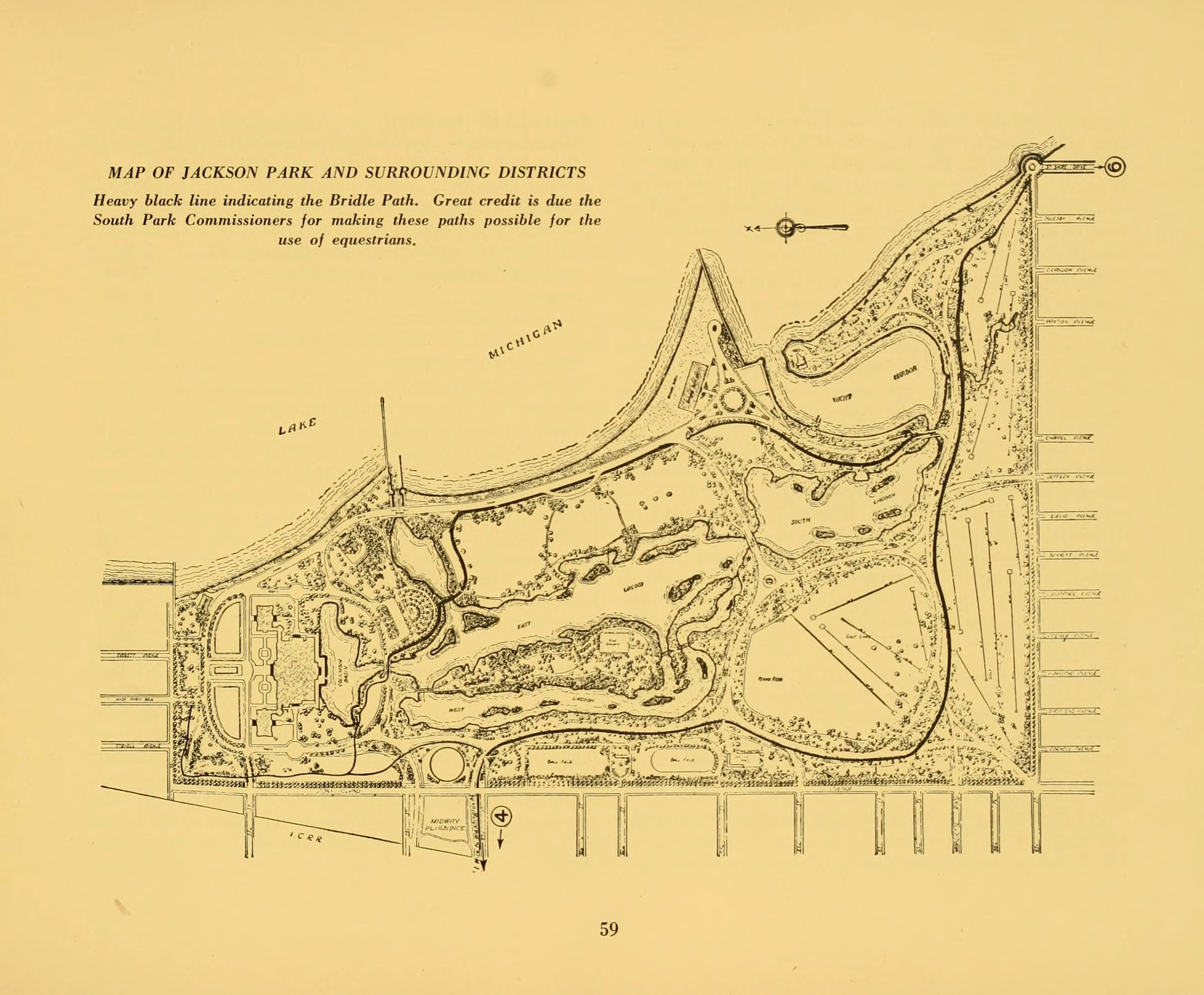 Ausführliche alte Karte von Jackson Park und umliegenden Bezirken, die Straßen, Parks und andere Merkmale mit sichtbarem Text zeigt.
