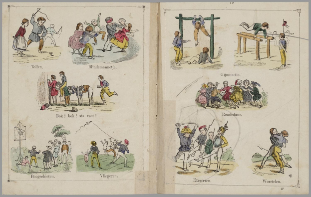 Offenes Buch mit Illustrationen von Menschen beim Sport wie Laufen, Springen und Ballspielen neben beschreibendem Text.