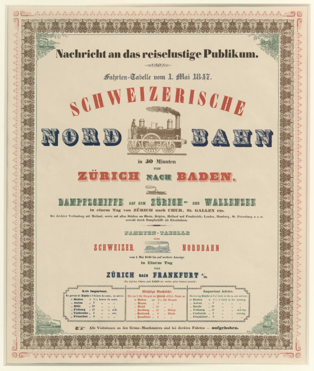 Plakat mit einem Zug in der Mitte auf einem hellgelben Hintergrund mit schwarzem und weißem Karomuster, Text lautet "Schweizerische Nordbahn in Baden, Deutschland" in fetter schwarzer Schrift mit einem dekorativen Rahmen.