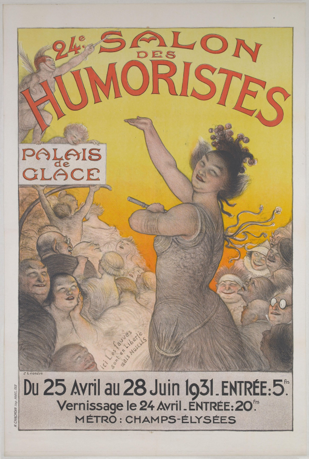 Plakat für den Salon des Humoristes in Paris mit einer Frau inmitten einer Menschenmenge und Event-Text.