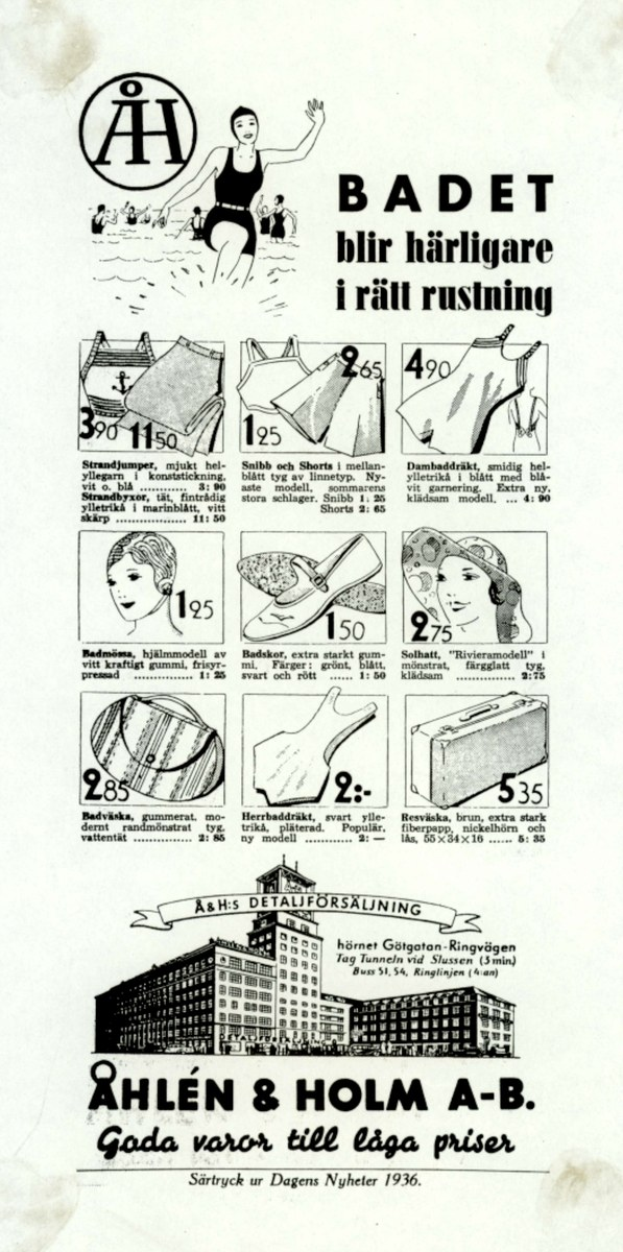 Anzeige mit einer Frau in einem weißen Bikini mit blauen und weißen Streifen, die direkt in die Kamera schaut, mit einer Pferdeschwanzfrisur, umgeben von Bildern von Menschen, hohen modernen Gebäuden und fetter Schrift.