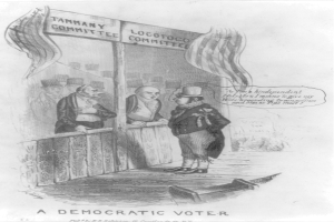 Ein Mann im Anzug steht selbstbewusst vor einer Tür, die mit "Ein demokratischer Wähler" beschriftet ist und ist bereit, den Wahlprozess in Angriff zu nehmen.