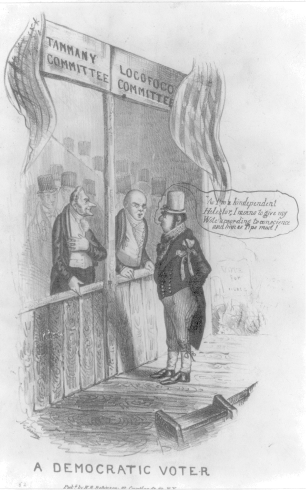 Ein Mann im Anzug steht selbstbewusst vor einer Tür, die mit "Ein demokratischer Wähler" beschriftet ist und ist bereit, den Wahlprozess in Angriff zu nehmen.