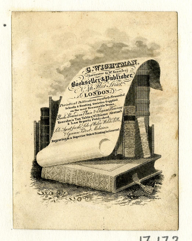 Ein altes Buch mit einer Rolle oben drauf, umgeben von Büchern und einem textgefüllten Papier, mit dem Wort "Buchhändler" unten.