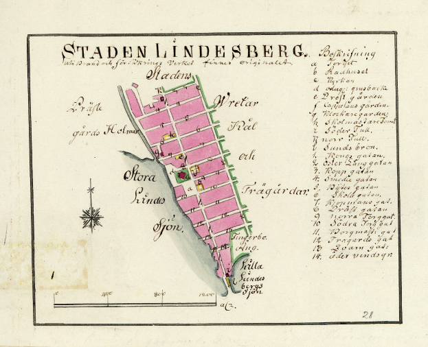 Eine detaillierte Karte von Staden Lindesberg, Deutschland, mit Straßen, Gebäuden, Sehenswürdigkeiten und handgeschriebenem Text.
