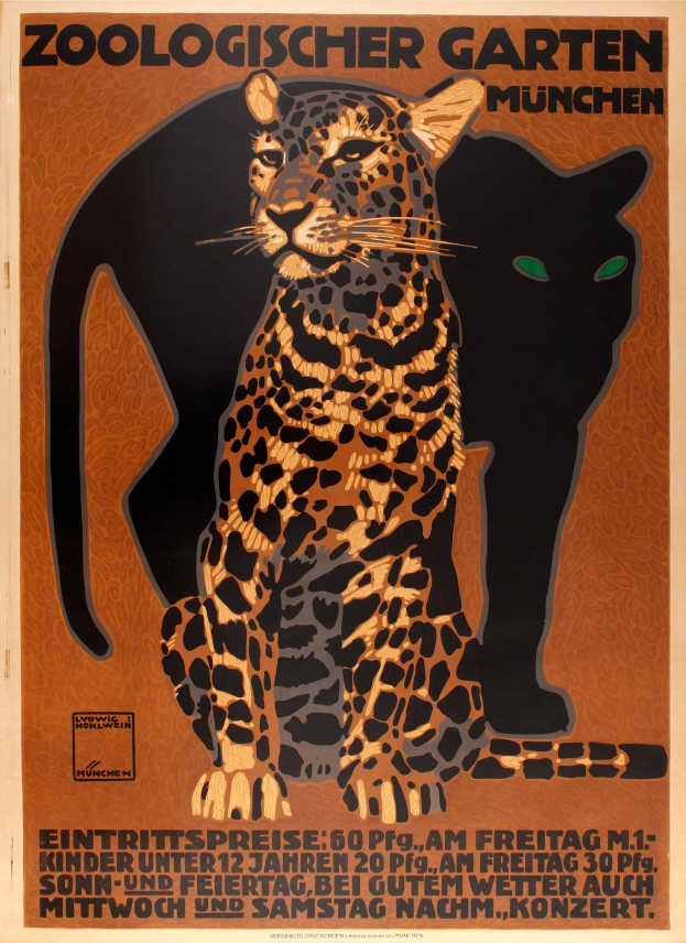 Ein Plakat, das einen Zoo in München, Deutschland, bewirbt und ein Leopard und eine Hauskatze zeigt, mit Texten, die Informationen über den Zoo bereitstellen.